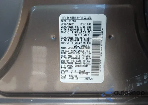 2011 Nissan Murano Sv из США, поврежденный, VIN JN8AZ1MW8BW163451